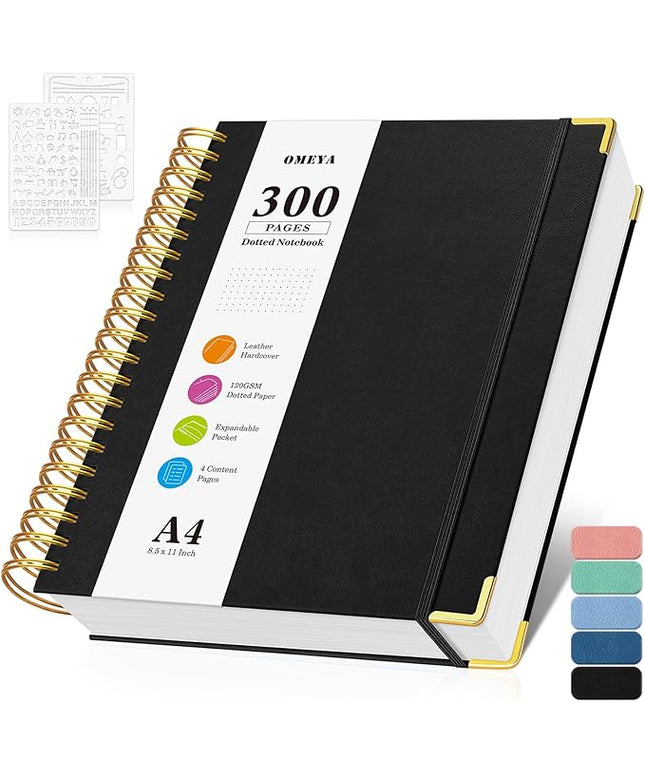 Bullet Dotted Journal Spiral Notebook, 300 Pages Leather Notebooks with Contens, 120 GSM Thick No Bleed Through Paper Journals, A4 Large Dot Grid Notebook for Women Men Work Writing, 8.5" x 11", Black