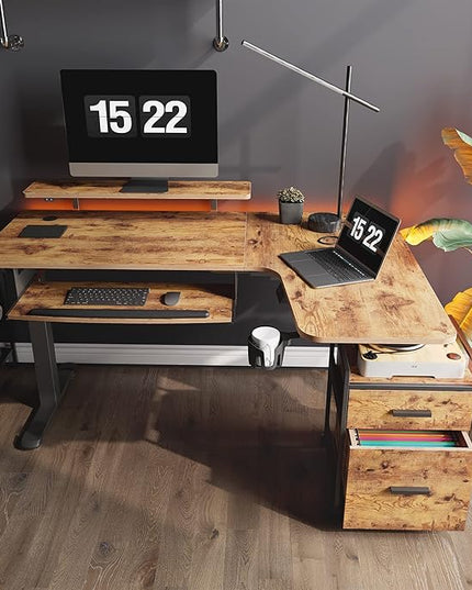 EUREKA ERGONOMIC Standing Desk with Keyboard Tray, Computer Desk, 61" L Shaped Electric Adjustable Height Desk w Monitor Stand LED, Corner Sit Stand Desk Gaming Desk, Dual Motor,Right/Rustic Brown