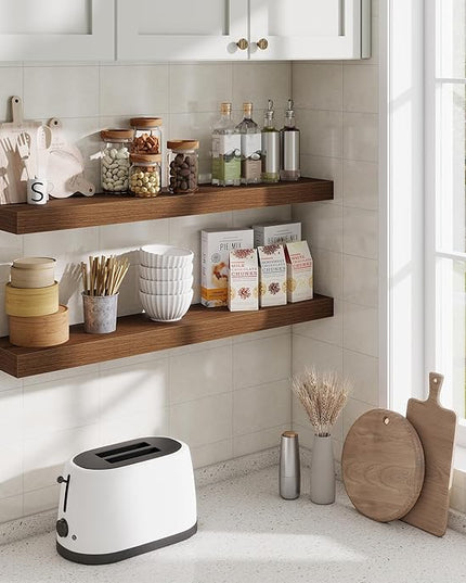 Fun Memories Floating Shelves for Room Wall, 36 Inch Long Shelf Set of 2， Hanging Wood Shelves for Storage & Display, Walnut