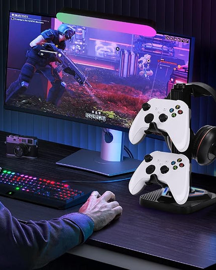 RGB Gaming Headphone Stand, Controller Holder & Headset Holder for Desk, Headphone and Controller Stand with 3 USB Ports, Suitable for PC Earphone Accessories, Gift for Men Boyfriend