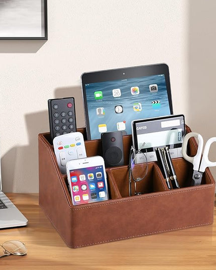 MEIBOOCH PU Leather Desk Organizer, Luxury Remote Control Holder for Home, Office Desk Accessories Table Caddy Bedside Nightstand Organizer (Brown)
