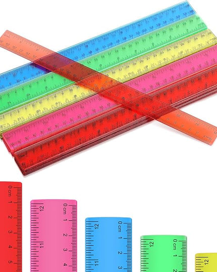 Zonon 50 Pcs 6 Inch/12 Inch Plastic Rulers Bulk Flexible Straight Rulers with Inches Centimeters First Day of School Gift Students Back to School Office Home Supplies(Clear Colorful,12 Inch)