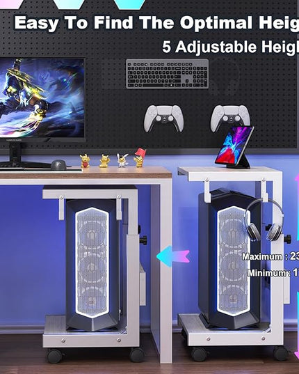 Computer Tower Stand with Charge Station and USB Charging Port - Height Adjustable PC Tower Stand, Under Desk CPU Holder Cart with Locking Caster Wheels for Fits Most PC
