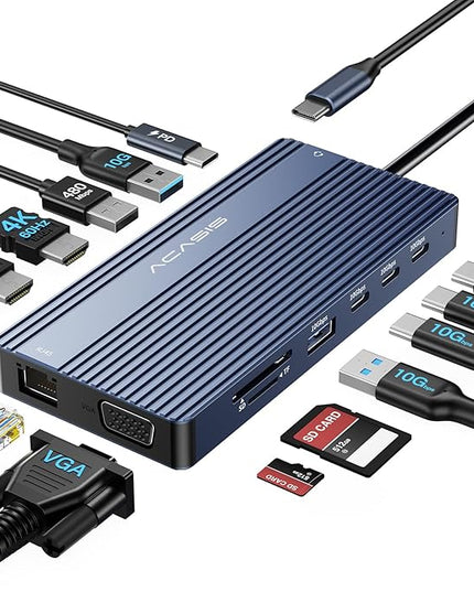 USB C Docking Station Dual HDMI Monitor, Laptop Docking Station 3 Monitors, 2 * 4K HDMI+1080p VGA+100W PD+Ethernet+3 USBC 10Gbps+SD/TF+Audio Adapter, USB C Hub for Dell/Lenovo/HP/ThinkPad