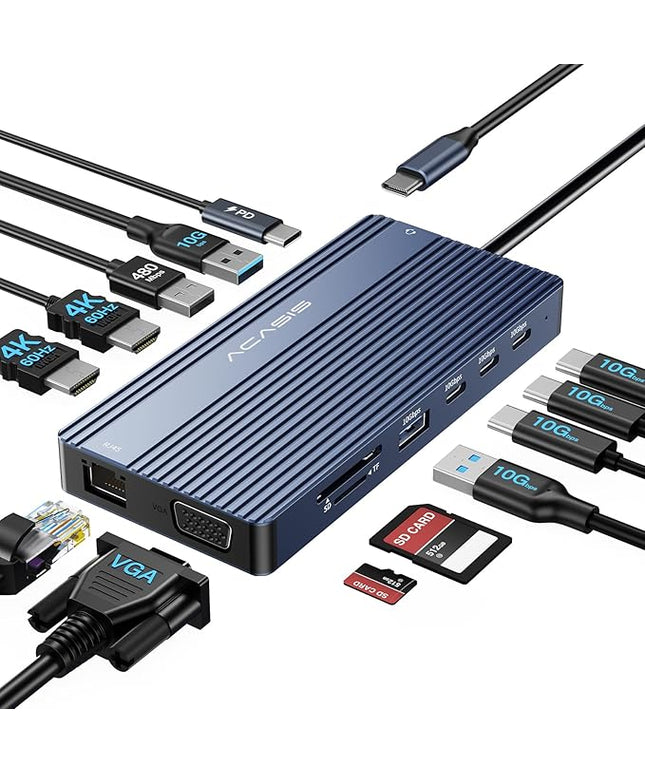 USB C Docking Station Dual HDMI Monitor, Laptop Docking Station 3 Monitors, 2 * 4K HDMI+1080p VGA+100W PD+Ethernet+3 USBC 10Gbps+SD/TF+Audio Adapter, USB C Hub for Dell/Lenovo/HP/ThinkPad