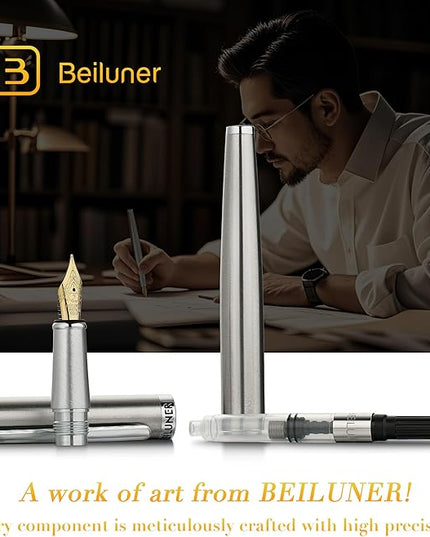 BEILUNER Luxury Fountain Pen Set, Solid 24K Gilded Fine Nib, Silver Stainless Steel Body- Includes 6 Ink Cartridges & Ink Refill Converter with Gift Case - Perfect for Men and Women