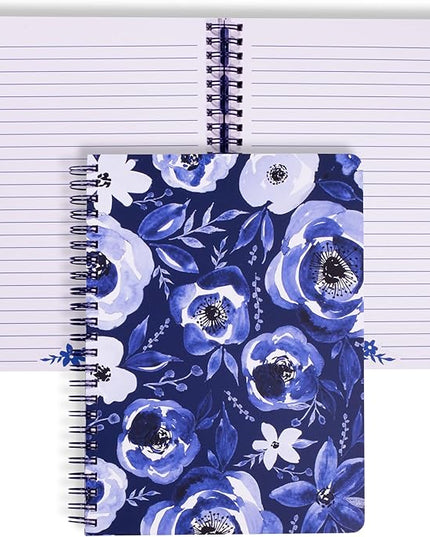 Steel Mill & Co Cute Floral Mini Spiral Notebook, 8.25" x 6.25" Journal with Durable Hardcover and 160 Lined Pages, Blue Watercolor