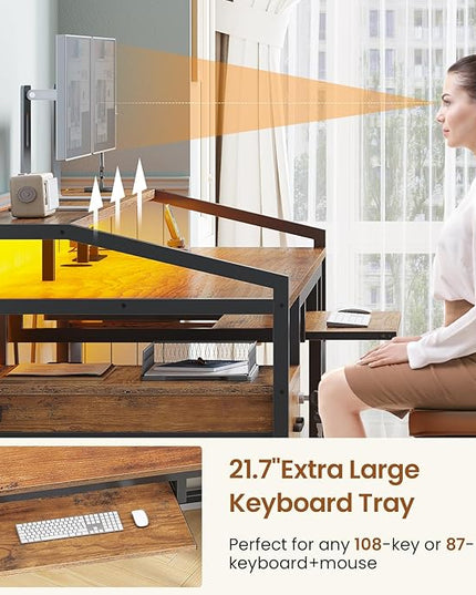 SEDETA 63" Computer Desk, Office Desk with Lock Drawers for Legal/Letter File, Gaming Desk with LED Light & Power Outlet, Home Office Desks for Printer, Rustic Brown