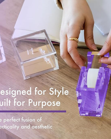 OfficeGoods Acrylic Tape Dispenser – Modern Desk Organizer for Office Supplies – Heavy Duty Refillable Tape Holder for Home and School Crafting – Stylish Desktop Accessory for Gift Wrapping, Purple