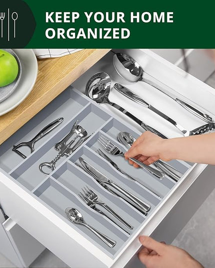ROYAL CRAFT WOOD Luxury Bamboo Kitchen Drawer Organizer - Silverware Organizer - Utensil Holder and Cutlery Tray with Grooved Drawer Dividers for Flatware and Kitchen Utensils (7 Slot, Gray)