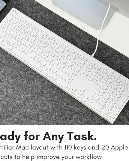 Macally Slim USB Wired Keyboard for Mac and Windows - Simple and Sophisticated - USB Apple Keyboard with Numeric Keypad for Mac Mini / Pro, Macbook, iMac with 110 Scissor Switch Keys and 20 Shortcuts