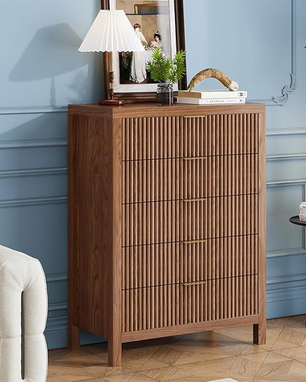 JZXSHD 43" 5 Drawer Dresser Tall Dresser Organizer TV Drawer Cabinet Modern Wood Storage Cabinet, Modern Wood Storage Cabinet for Bedroom, Hallway, Entryway, Walnut