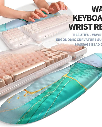2-in-1 Ergonomic Set, Wave Keyboard Wrist Rest and Massage Slope Mouse Pad Wrist Support, Rebound Memory Foam for Relieve Carpal Tunnel Syndrome and Wrist Pain (Green Gold Marble)