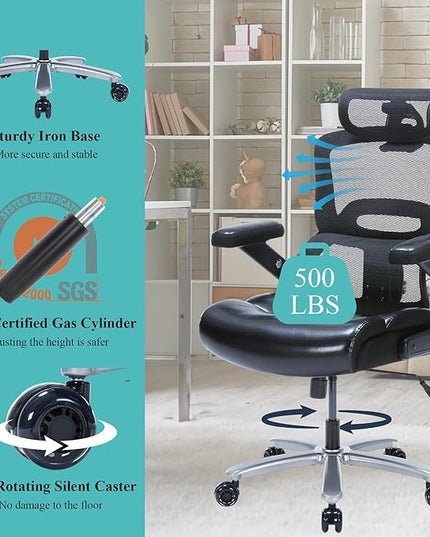 Big and Tall Office Chair,500lbs Capacity Ergonomic Desk Chair for Heavy People,PU Leather Swivel Rolling Computer Chair with Padded Flip-up Arms,High Back Executive Office Chair,Black
