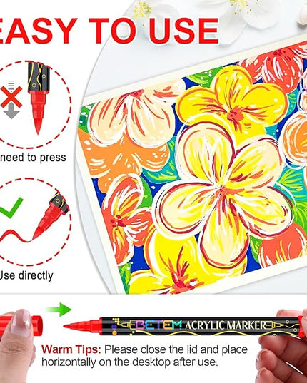Betem Paint Markers Acrylic Paint Pens, Dual Tip 72 Colors Acrylic Markers with Brush Tip and Fine Point, Art Supplies for Wood, Canvas, Stone, Glass, Rock Painting Kit DIY Crafts Drawing Kit with Bag