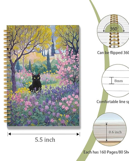 Garden Floral Black Cat Spiral Notebook, Black Cat Gifts Journal, Cats Lovers Mom Lady Gifts Journal Notebook, 5.5x8.3 Inch