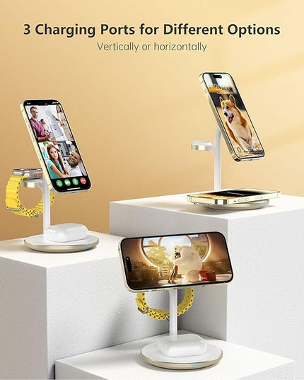 XooFly 3 in 1 Wireless Charging Station for Apple Devices, Fast Wireless Mag-Safe Charger Stand with 20W Adapter for iPhone 17/16 15 14 13 12 Pro Max/Pro/Plus/Air/Mini, iWatch, AirPods (Gold)