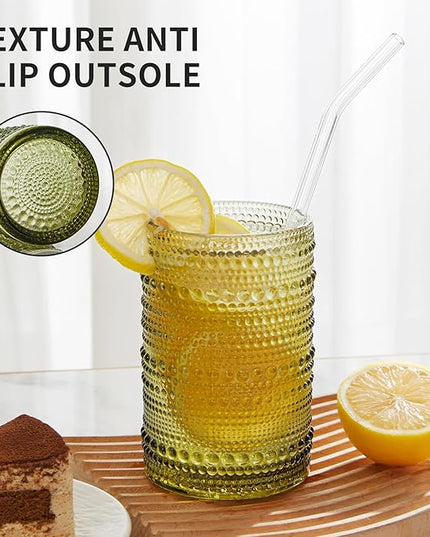 Vintage Hobnail Drinking Glasses Set of 12, 15 oz Highball Glasses & 12 oz Cocktail Glasses Set, Green Kitchen Water Glasses Cup, Bar Tumbler Glassware Set for Beer, Juice, Whiskey, Milk