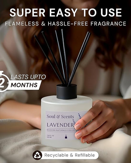 Soul & Scents Reed Diffuser Set – Lavender | 7.43 oz Refillable Scented Oil with 6 Fiber Sticks | Long-Lasting Home Fragrance & Air Freshener for Bedroom, Bathroom, Office | Gift & Décor Piece