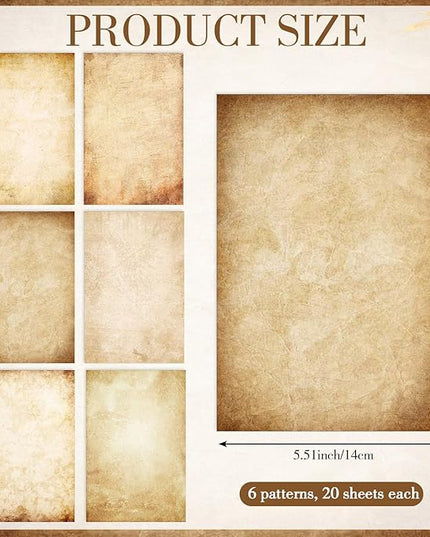 Supervitae 120 Pack Vintage Aged Stationery Paper, 8.27 x 5.51 Inch Double Sided Printing Old Antique Stationery Paper Decorative Letter Sheets for Writing Printing Crafts, 6 Designs