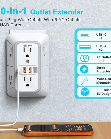 JcBlaon Multi Plug Outlet Surge Protector, Wall Charger with 6 Outlet Splitter with 4 USB Ports(PD 20W), 3-Sided 1050J Surge Protector Power Strip for Home Office Dorm Room Essentials