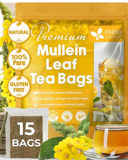 FreshDrinkUS, Premium 15 Mullein Leaf Tea Bags For Lung, 100% Natural & Pure from Mullein Leaves. Loose Leaf Mullein Herbal Tea. Made with Natural Material Tea Bags. No Sugar, No Caffeine, No Gluten, Vegan.