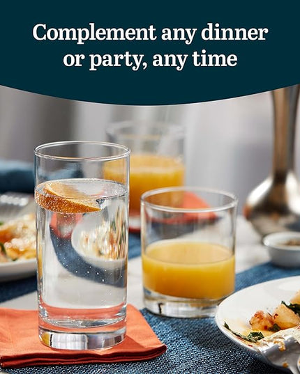 Libbey Province 24-Piece Glasses Drinking Set, Ideal Dining Glassware Sets, Glass Tumbler Set with Lines, Dishwasher Safe Glass Sets For Drinking