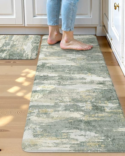 Collive Anti Fatigue Kitchen Mats, Grey/Green Abstract Kitchen Rugs Sets of 2 Non Slip Waterproof Standing Mat, Cushioned Comfort Desk Rug for Home Office, Sink, Laundry, 17"x29"+17"x47"