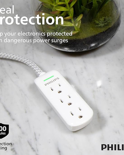 Philips 8 Ft Indoor Extension Cord with Surge Protection, 3-Outlet, Flat Plug, 300 Joules, UL Listed, White, SPP3433BB/37