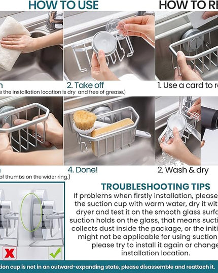 TAILI Sponge Holder for Kitchen Sink with Strong Suction Cup, Rustproof Aluminum Sink Caddy for Sponges, Brushes, Stoppers & Scrapers, Silver