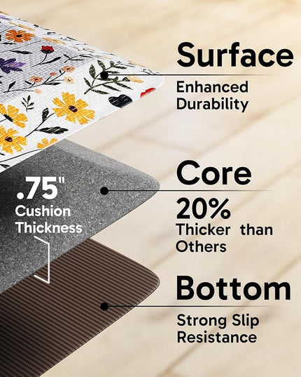 Ophanie Kitchen Mats for Floor, 3/4 inch Thick, 20x39 Anti Fatigue Cushioned Mat, Kitchen Rugs, Waterproof, Comfort Ergonomic Standing Mat for Office, Home, Sink, White Flower Non-Slip Ridged Bottom