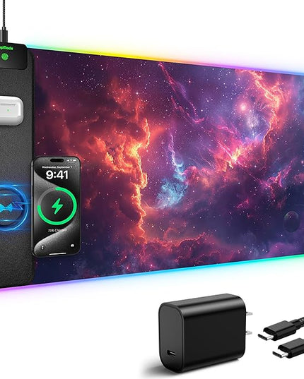 TopMade RGB Gaming Mouse Pad with 15W Wireless Charging, 31.5” x 15.8” XXL Large Desk Mat Home Office Keyboard Pad for Desk, Waterproof Mousepad with Smooth Surface, Non-Slip Base, Galaxy Nebula