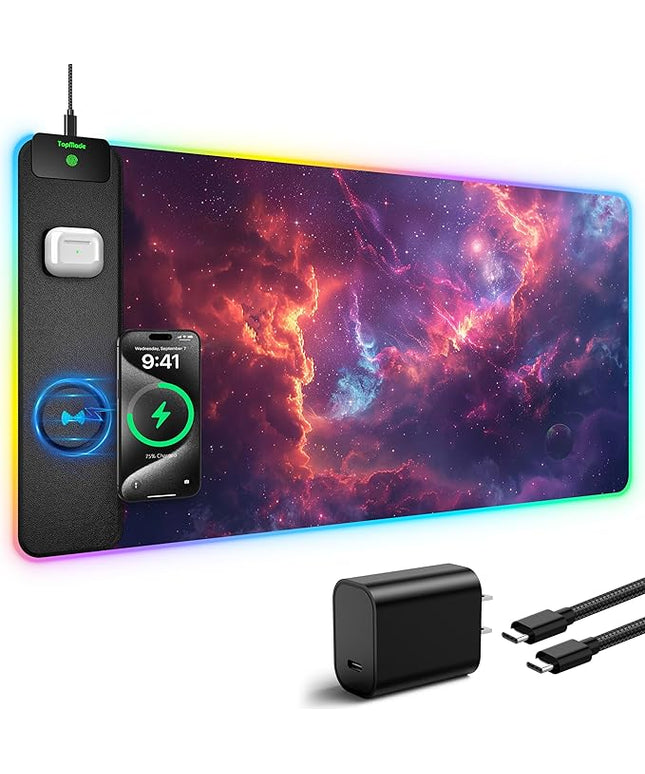 TopMade RGB Gaming Mouse Pad with 15W Wireless Charging, 31.5” x 15.8” XXL Large Desk Mat Home Office Keyboard Pad for Desk, Waterproof Mousepad with Smooth Surface, Non-Slip Base, Galaxy Nebula