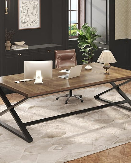 IBF Large Computer Desk, 78.7” Extra Long Home Office Desk, Wood Metal Work Desk for Study Writing, Farmhouse Simple Wide Double PC Gaming Computer Table Executive Workstation in Bedroom, Rustic Oak