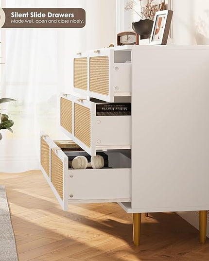 Garvee Rattan Dresser with 6 Drawers, Tall Modern Closet with Deep Storage, Large Chest of Drawers with Wide Top, Long Wooden Dresser for Bedroom, Living Room, Hallway, Kids Room, White