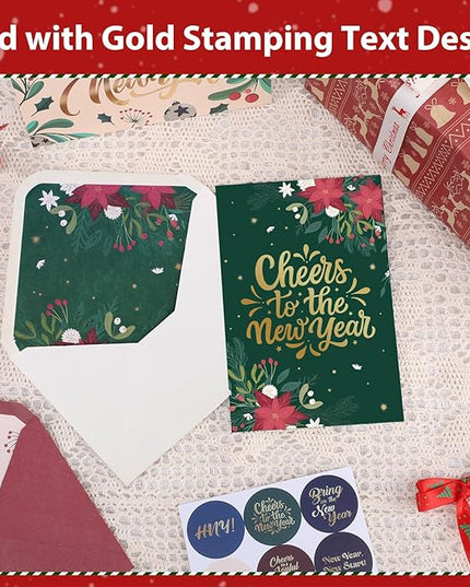 Thboxes New Year Cards with Envelopes, 36 Pack 4x6in Happy New Year Greeting Cards, Gold Foil Happy Holiday Card with Stickers, Christmas Card, 6 Assorted Design