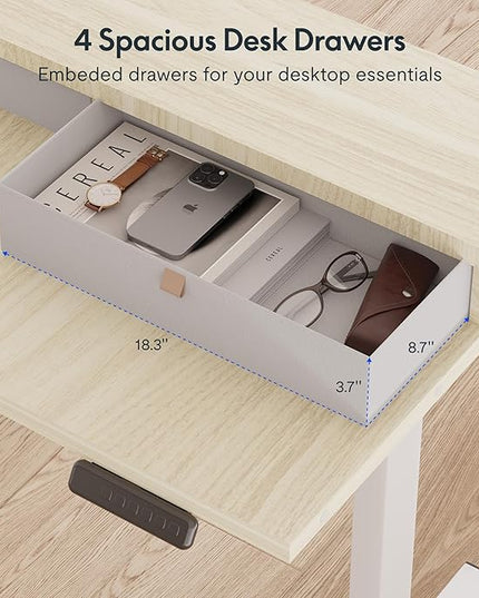 FLEXISPOT 71" L Shaped Standing Desk Electric Corner Table with Shelf, 4 Storage Drawers, Adjustable Computer Workstation for Home, Office, Game, Studio, USB Charger, Light Maple Top + White Frame