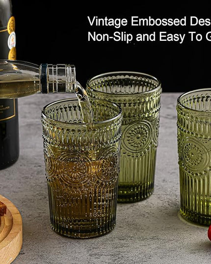 Vintage Glassware Drinking Glasses Set of 6,13 oz Green Textured Flower Design Glass Water Tumblers，Embossed Striped Drinkware for Water,Cocktails,Juice,Iced Coffee