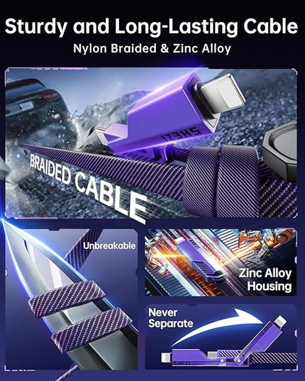 SHEZI [Upgraded 2.0 4-in-1 USB C Cable 60W 5FT Fast Charging [480Mbps Data Transfer] Flat Nylon Braided Charger Cord Combo, USB A/C to C/L Multi Charge Cable for iPhone/iPad & Most Devices, Purple