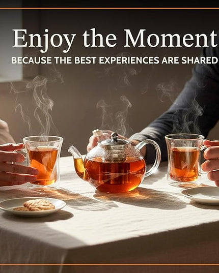 James Bentley Glass Coffee and Tea Set – Borosilicate Glass Teapot Set for Adults with 40oz Teapot & 4 Insulated Glasses, Stainless Steel Strainer for Bags and Loose Tea– Microwave, Dishwasher Safe