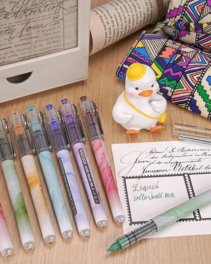WRITECH Liquid Ink Rollerball Pens: Multi Colored 0.5mm Extra Fine Point Tip Rolling Roller Ball Pen 8ct Assorted Colors for Journaling Smooth Writing Note Taking No Bleed & Smudge & Smear