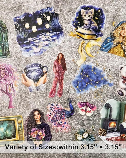 AuriicLeaf Fantasy Night Dream PET Stickers Set, 180Pcs Mystical Celestial Stickers for Journaling, Scrapbooking, DIY Crafts, Planners, and Collage Art