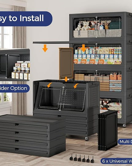 120Gal Stackable Storage Bins with Lid, 480Qt Extra Large Collapsible Storage Box with Wheels, Dividers, Folding Plastic Cabinet Closet Organizers for Home Kitchen Office Dorm, 3Pack Black