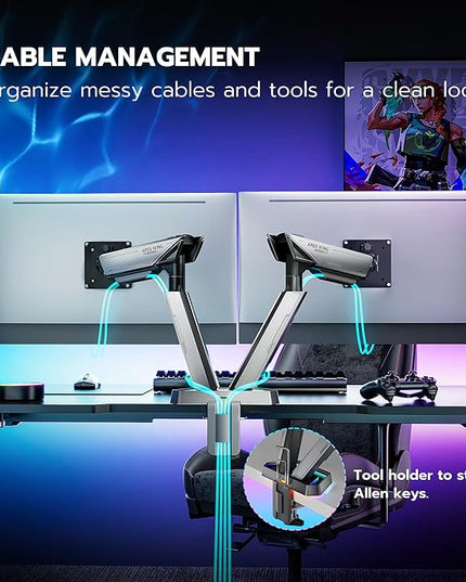 ARES WING RGB Dual Monitor Arm for 17-38" Ultrawide Screens, Holds 35.2lbs, Heavy Duty Dual Monitor Stand for Desk, Adjustable Double Mount with Clamp & Grommet Base, 75/100 VESA Mount, Gray