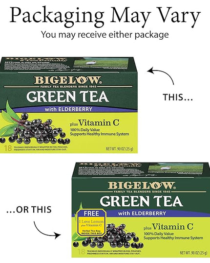Bigelow Tea Green Tea with Elderberry Plus Vitamin C, Caffeinated Tea with Elderberry, 18 Count Box (Pack of 6), 108 Total Tea Bags