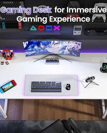 PRAISUN 54 X 20 Inch Office Computer Desk with Power Outlets and USB-C Port, Larger and Longer Gaming Desk, for Home Office, Study, Bedroom, Writing Work from Home Table, Metal Frame, White