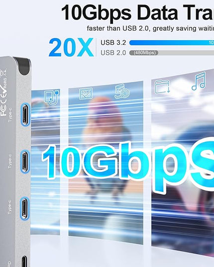 10Gbps USB C Hub with 4K@60Hz Video Display, 8 in 1 USB C Splitter with 3x10Gbps Type-C, 100W PD-in Charging, 3x5Gbps USB A, Dongle Multiport Adapter for MacBook Pro, iPad, Dell, HP, and More