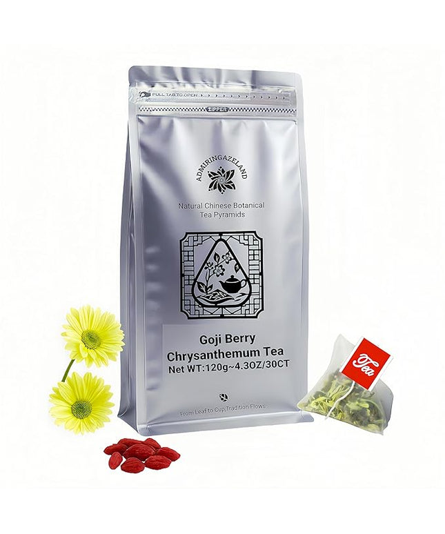 ADMIRINGAZELAND Goji Berry Chrysanthemum Tea Bags, 30 Count - Pyramid Teabags, 6 Ingredients - Dandelion Root, Wolfberry, Cassia Seed, Honeysuckle, Burdock - Chinese Herbal for Office & Home, 5.3 oz