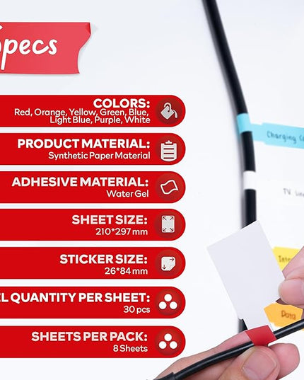 XFasten Cable Labels Tags for Cable Management 240 pcs Waterproof Cord Labels for Electronics 8 Colors Easy to Write On and Smudge-Resistant for Ethernet Cord, Charger, Audio Wires