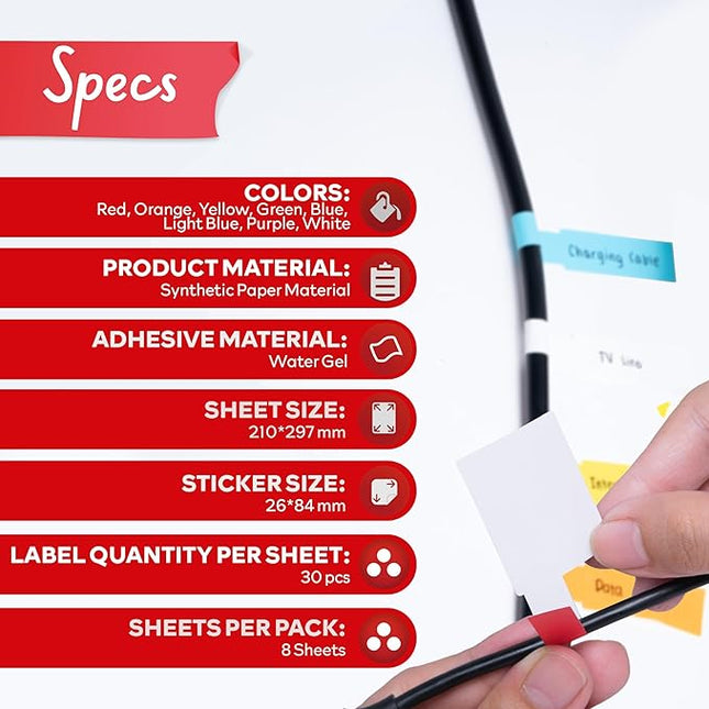 XFasten Cable Labels Tags for Cable Management 240 pcs Waterproof Cord Labels for Electronics 8 Colors Easy to Write On and Smudge-Resistant for Ethernet Cord, Charger, Audio Wires